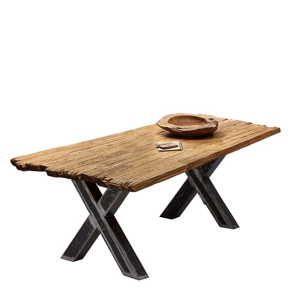 Möbel Exclusive Design Esstisch rustikal aus Recyclingholz Teakfarben und Schwarz