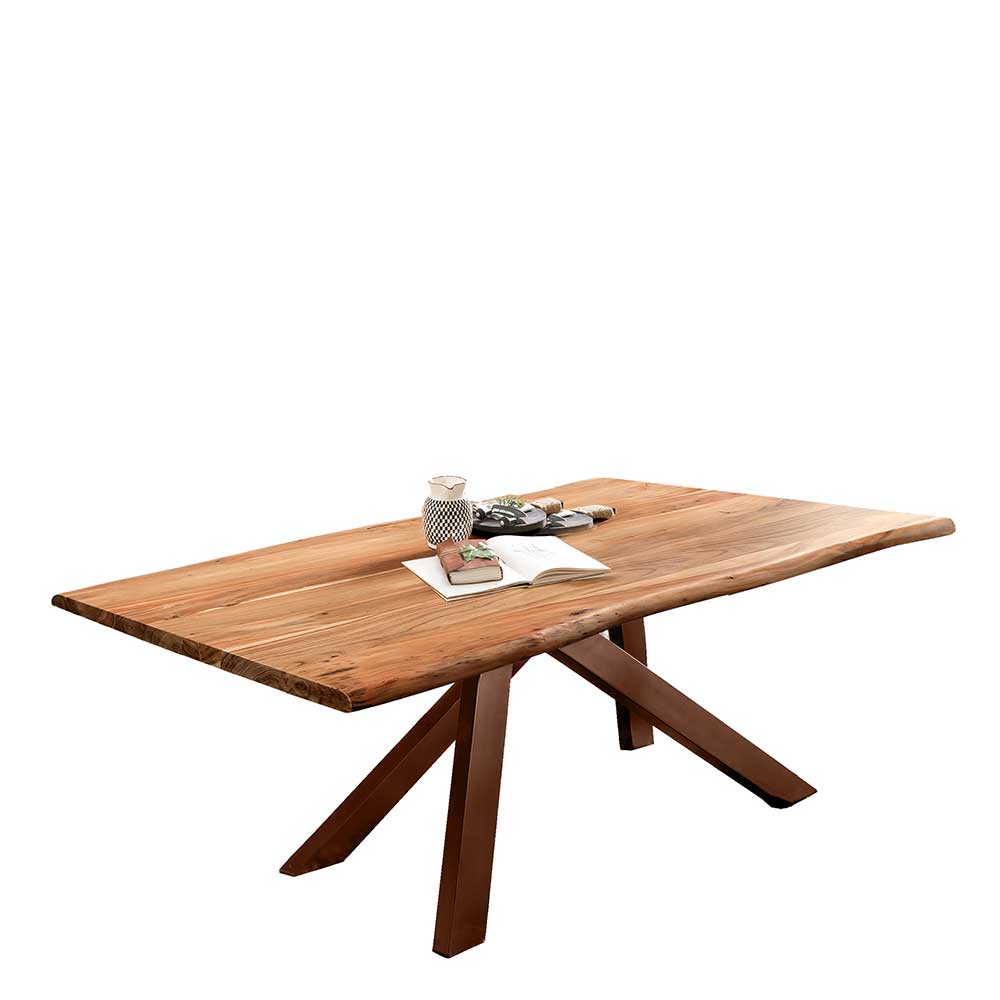 Möbel Exclusive Tisch Massivholz Baumkante in Akaziefarben und Braun Metall Vierfußgestell