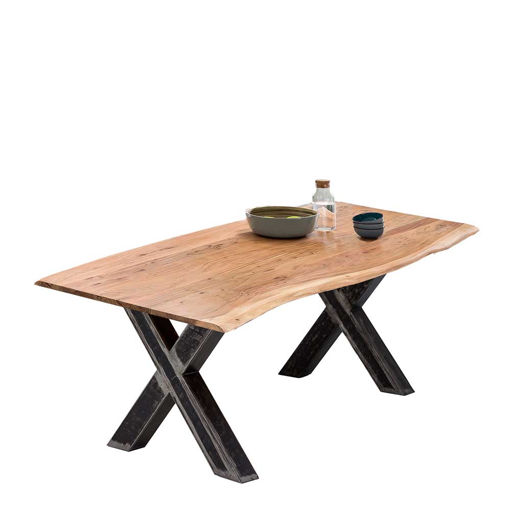 Möbel Exclusive Baumkanten Tisch aus Akazie Massivholz und Metall X Gestell