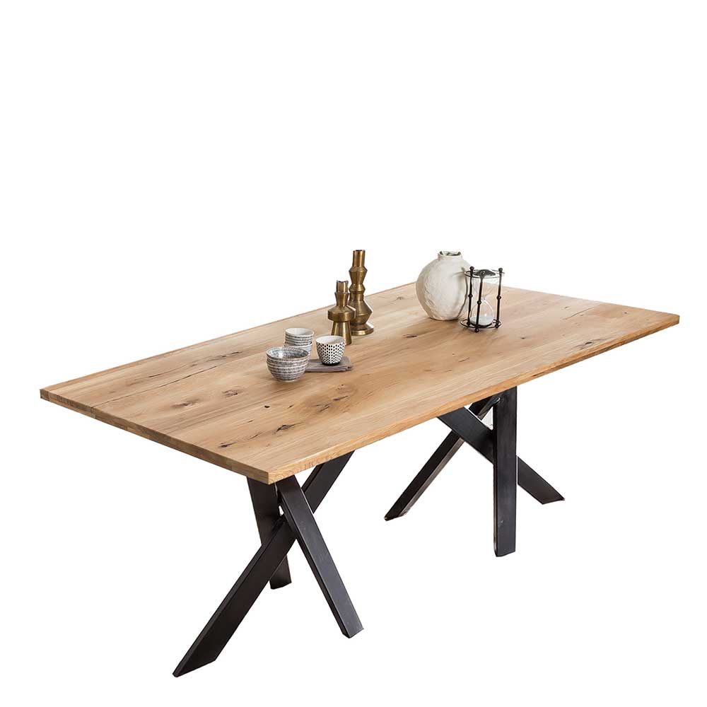 Möbel Exclusive Rustikaler Tisch aus Wildeiche Massivholz Metall Sechsfußgestell
