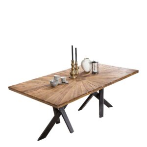 Möbel Exclusive Esszimmertisch aus Teak Massivholz und Metall Platte mit Einlegearbeit
