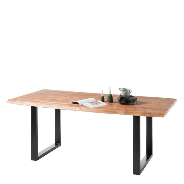 Möbel4Life Baumkanten Tisch aus Akazie Massivholz Metall Bügelgestell