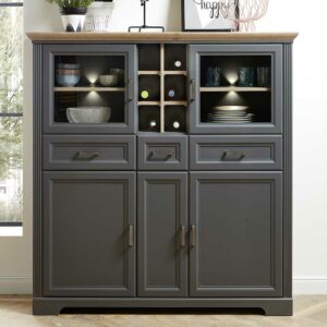 BestLivingHome Landhaus Highboard in Dunkelgrau und Eichefarben LED Beleuchtung