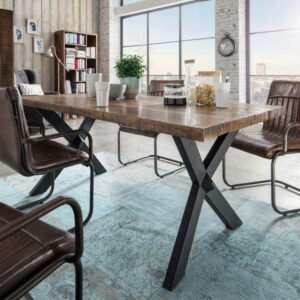 Life Meubles Esszimmertisch in Braun Antik Finish X-Fußgestell