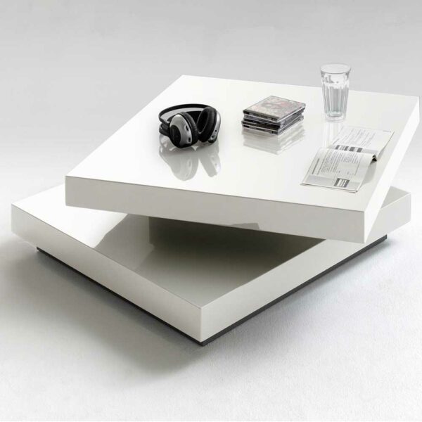 TopDesign Designercouchtisch mit drehbarer Tischplatte Weiß Hochglanz