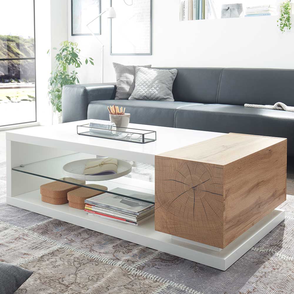 TopDesign Wohnzimmer Tisch in Weiß und Eichefarben Glasablage