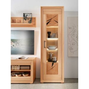 Basilicana Wohnzimmer Vitrine massiv Kernbuche mit Hirnholz 201 cm hoch