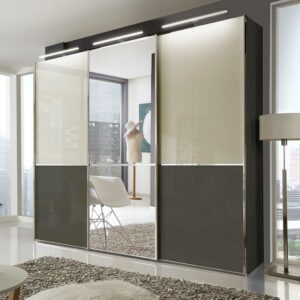 Franco Möbel Schwebetüren Kleiderschrank in Creme Weiß und Braun 250 cm breit