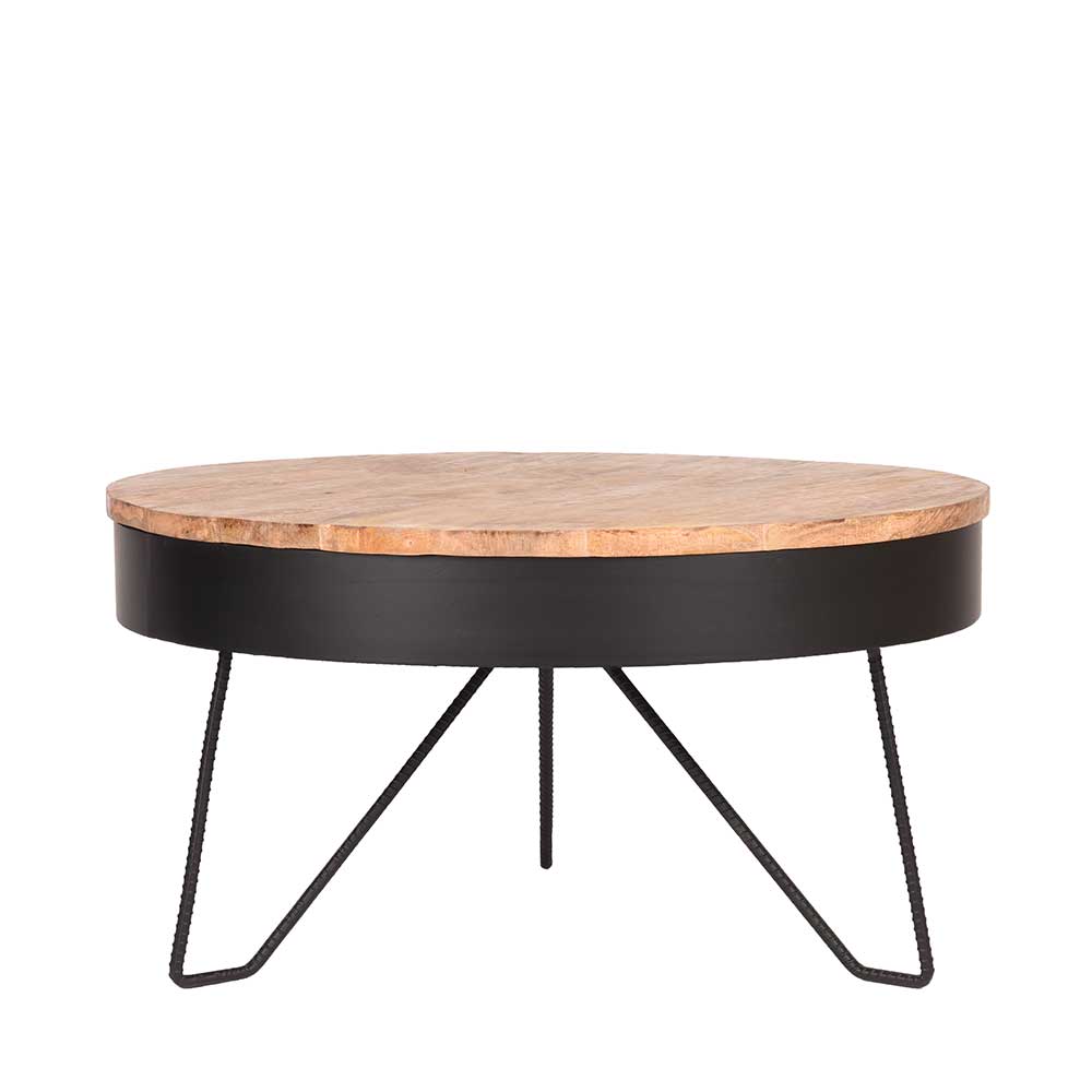 Möbel Exclusive Runder Couchtisch aus Mangobaum Massivholz und Metall 80 cm breit