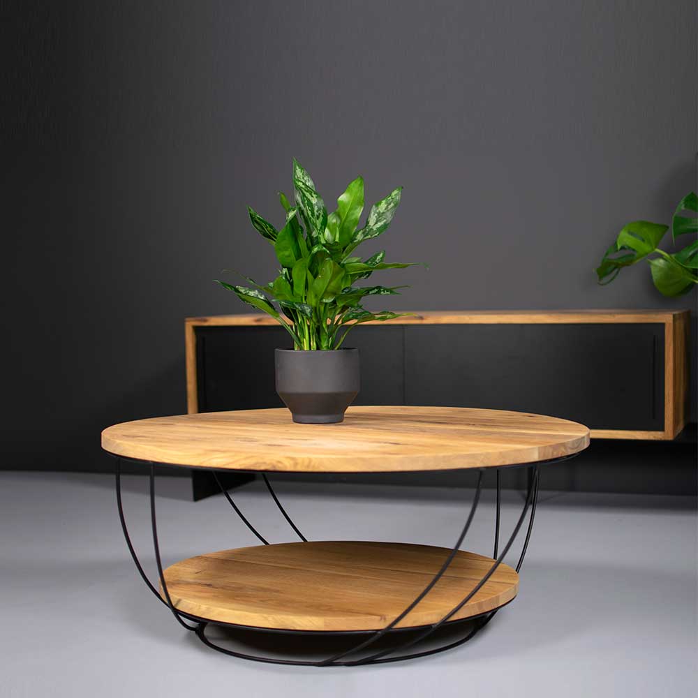 Möbel4Life Runder Couchtisch aus Eiche Massivholz und Stahl Skandi Design