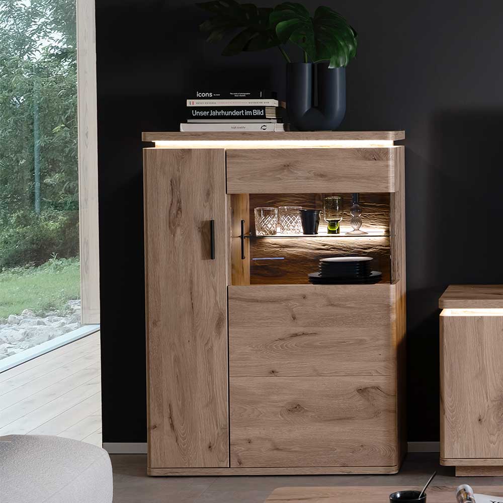 TopDesign Highboard mit Glastür und LED Beleuchtung Wildeichefarben