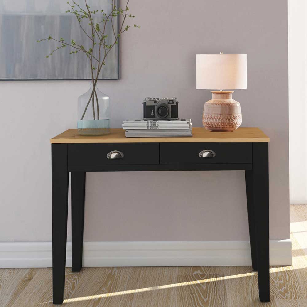 Möbel4Life Rechteckiger Schreibtisch in Kieferfarben und Schwarz zwei Schubladen