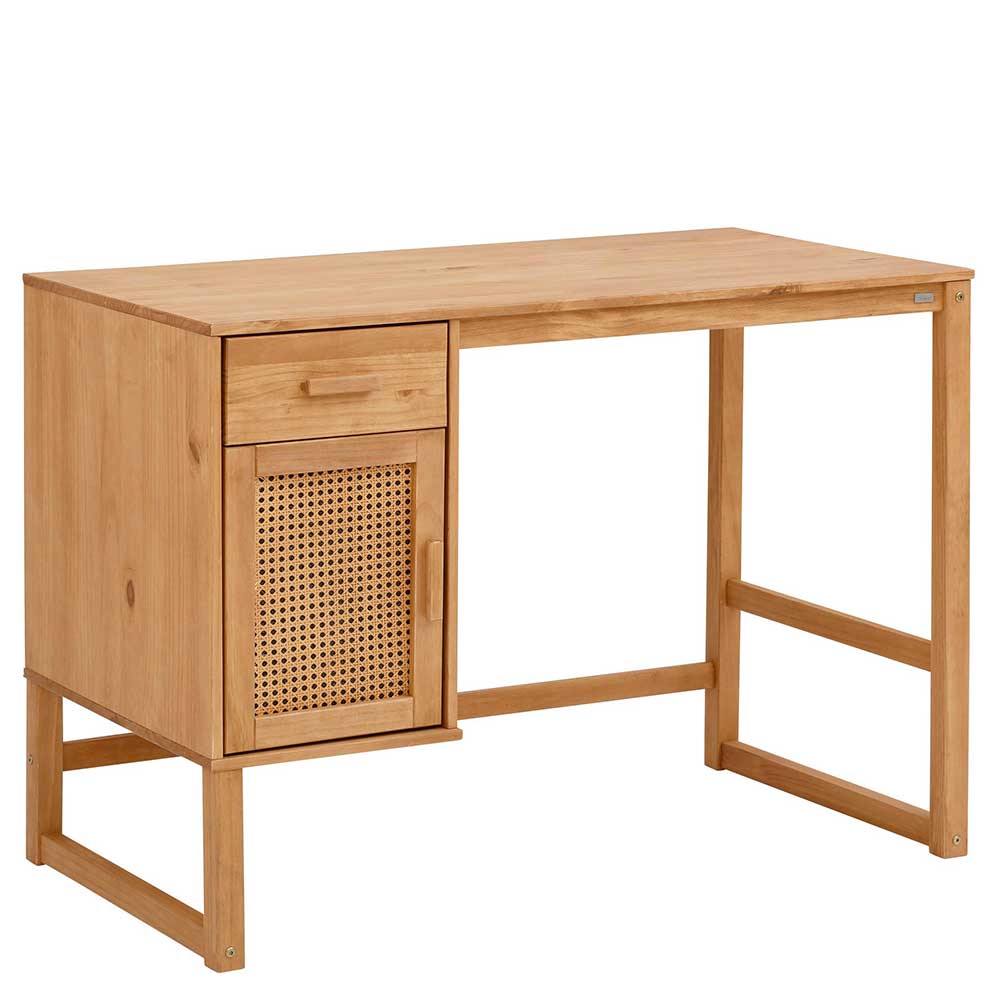 Möbel4Life Moderner Schreibtisch aus Kiefer Massivholz und Rattan Tür