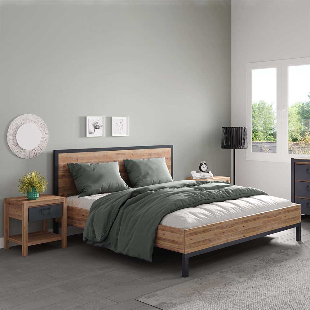 Life Meubles Factory Bett 140x200 aus Akazie Massivholz Vierfußgestell aus Metall