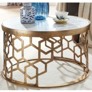 Möbel4Life Runder Wohnzimmer Tisch in Goldfarben weißer Marmorplatte