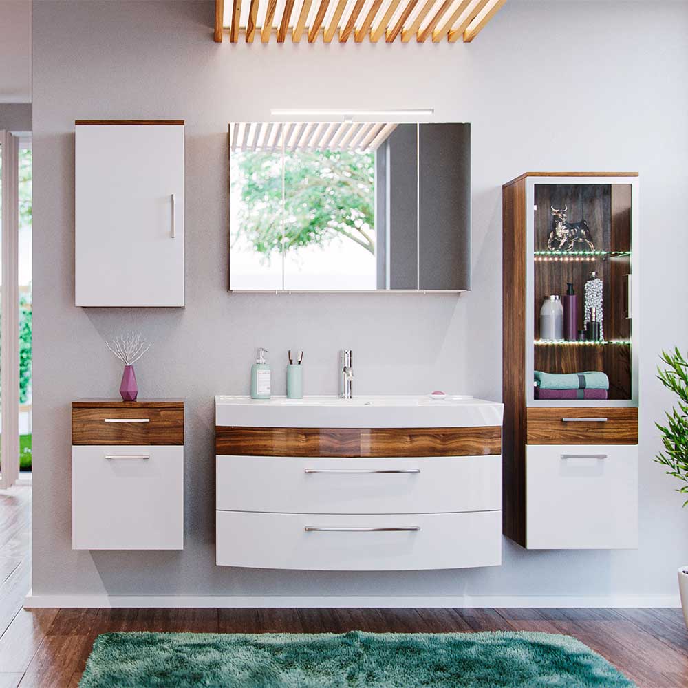 Möbel4Life Badezimmer Kombination in Weiß Hochglanz Walnuss kaufen (fünfteilig)