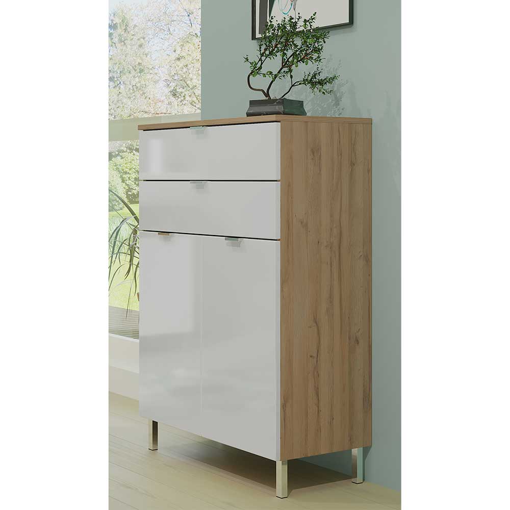 Möbel Exclusive Badezimmer Kommode in Weiß Hochglanz und Wildeiche Optik 60 cm breit