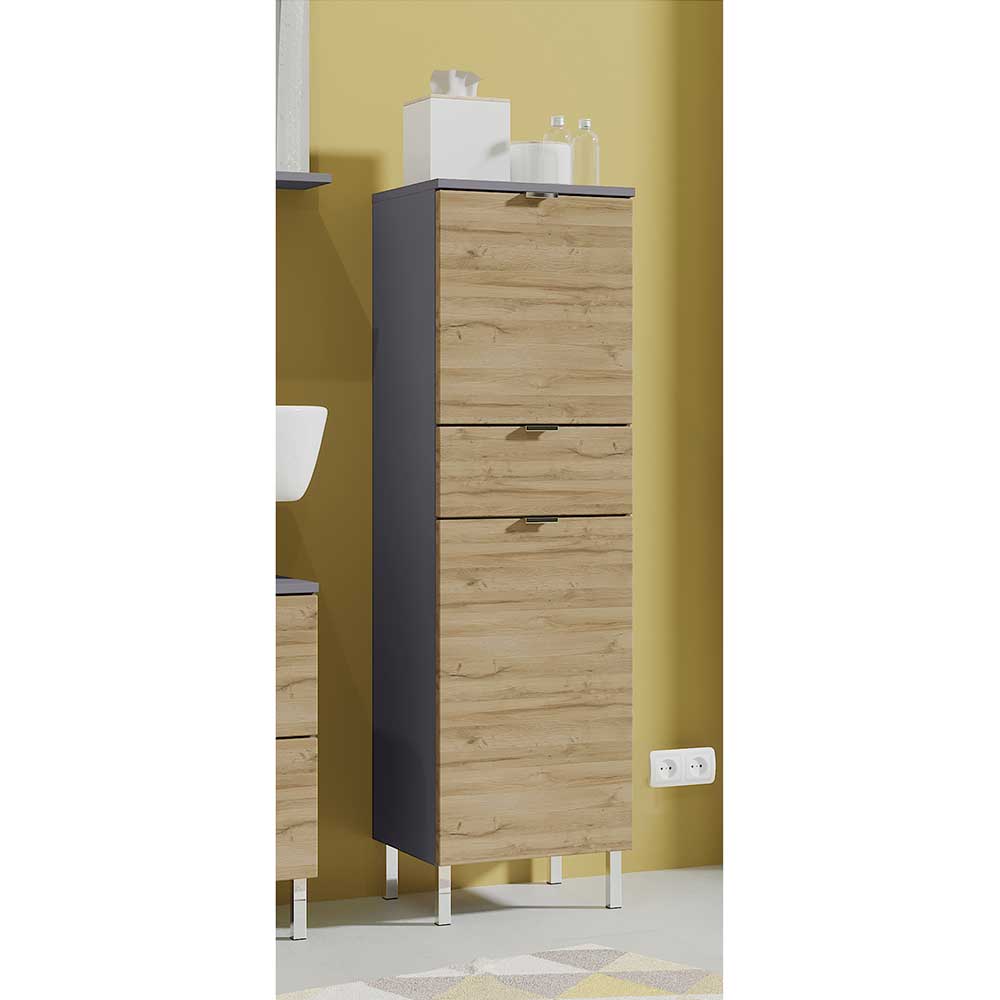 Möbel Exclusive Badmidischrank in Wildeichefarben und Dunkelgrau 120 cm hoch