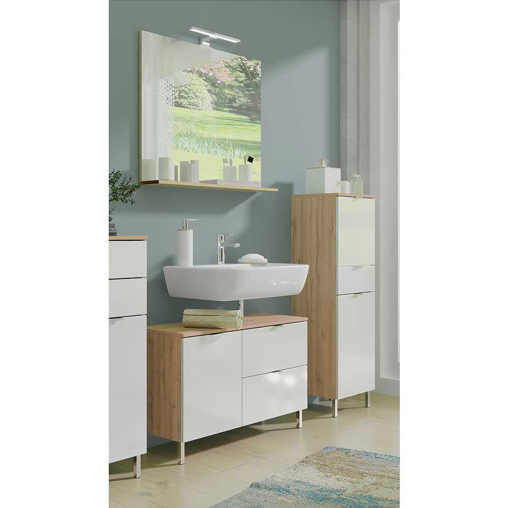 Möbel Exclusive Waschraum Set in Hochglanz Weiß und Wildeichefarben LED Beleuchtung (dreiteilig)