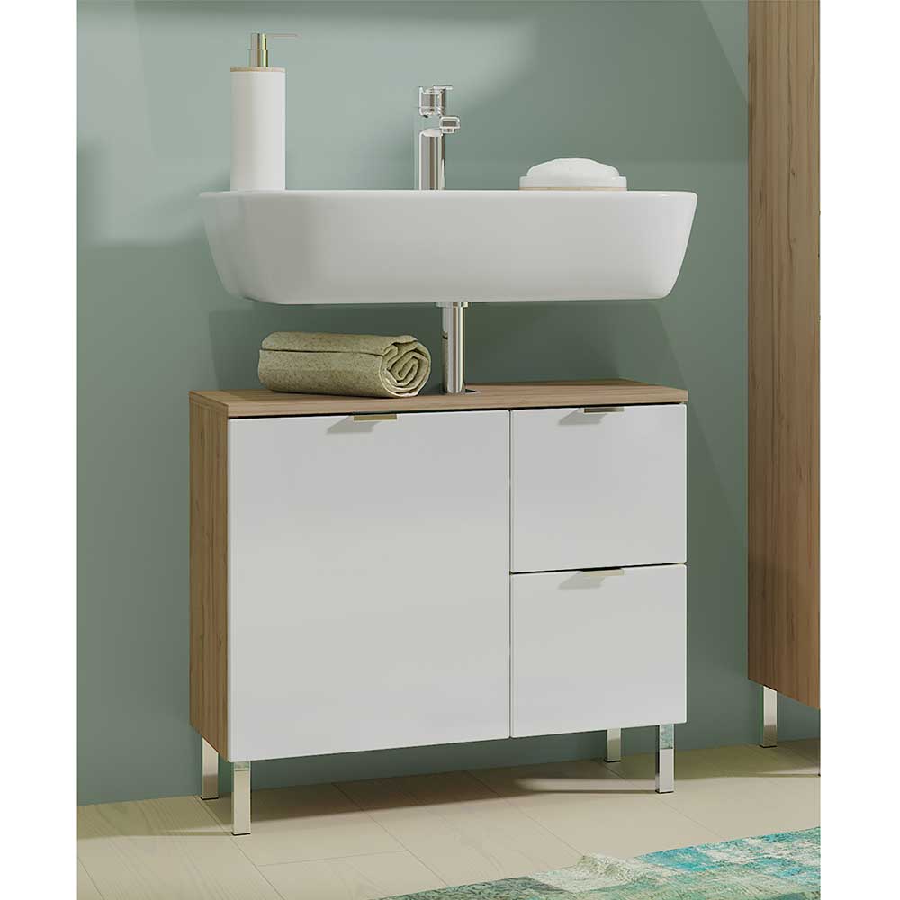 Möbel Exclusive Waschbeckenunterschrank in Weiß Hochglanz und Wildeiche Optik 60 cm breit