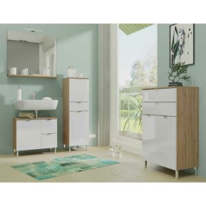 Möbel Exclusive Modernes Badezimmer Set in Weiß Hochglanz Wildeichefarben (vierteilig)