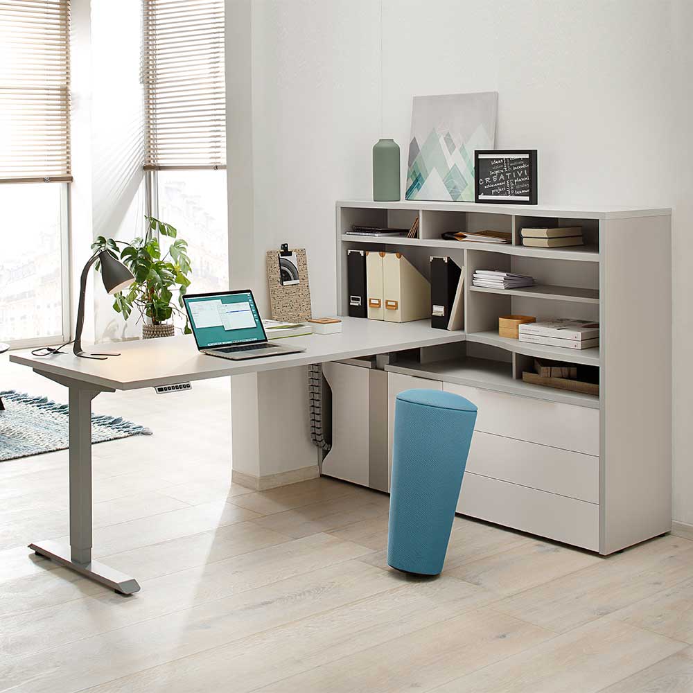 Müllermöbel Bürokombination in Weiß und Grau höhenverstellbaren Schreibtisch (zweiteilig)
