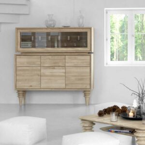 Basilicana Esszimmer Highboard mit Glasklappe Wildeiche massiv weiß geölt