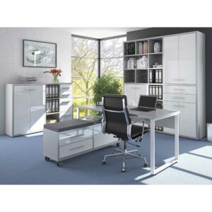 Müllermöbel Arbeitszimmermöbel Set in Grau und Weiß Glas beschichtet (vierteilig)