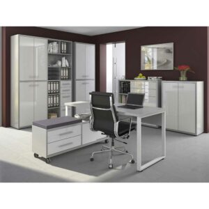 Müllermöbel Arbeitszimmermöbel Set in Grau und Weiß Glas beschichtet (sechsteilig)