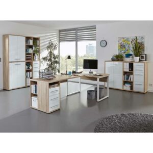 Müllermöbel Arbeitszimmer Set in Eichefarben und Weiß Glas beschichtet (dreiteilig)