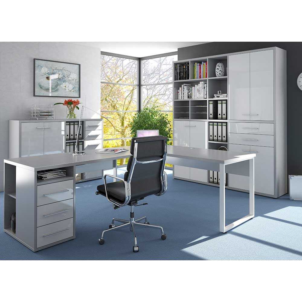 Müllermöbel Büromöbel Set in Weiß und Grau Made in Germany (dreiteilig)