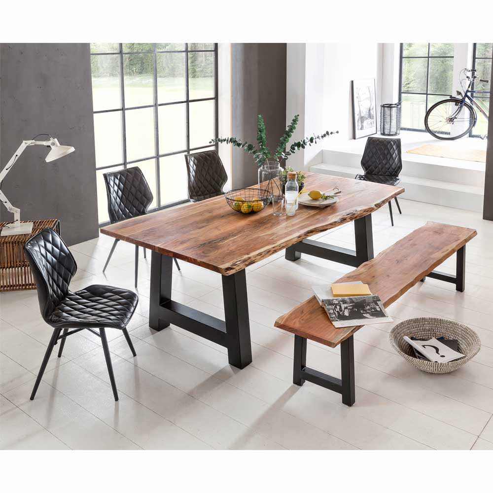 Massivio Esszimmer Tischgruppe mit Baumkantentisch und Bank Loft Design (sechsteilig)
