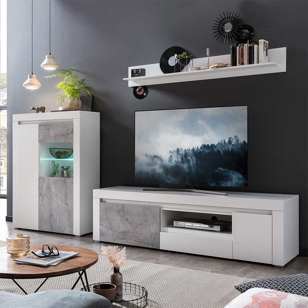 Brandolf TV Wohnwand mit Wandboard Weiß & Steinoptik Grau (dreiteilig)