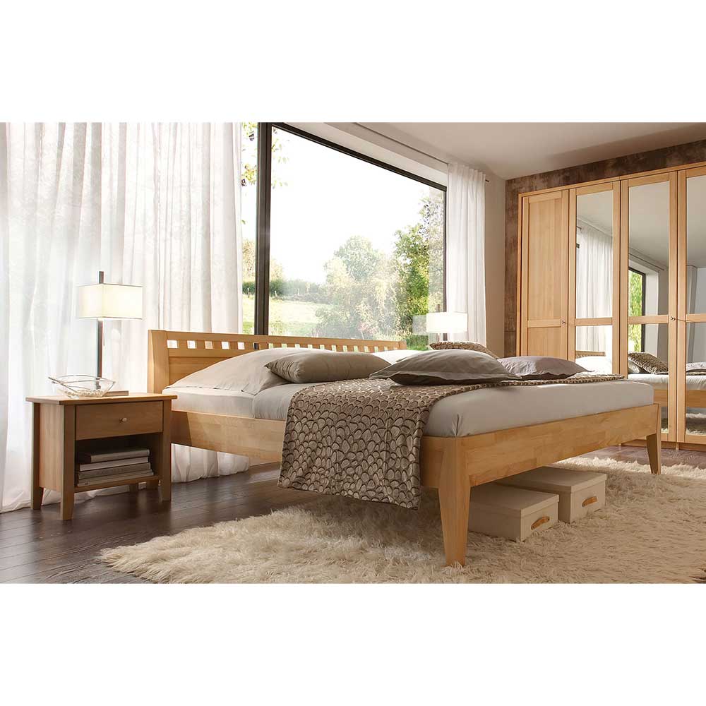 Basilicana Doppel Bett mit zwei Nachtkommoden Kernbuche Massivholz (dreiteilig)