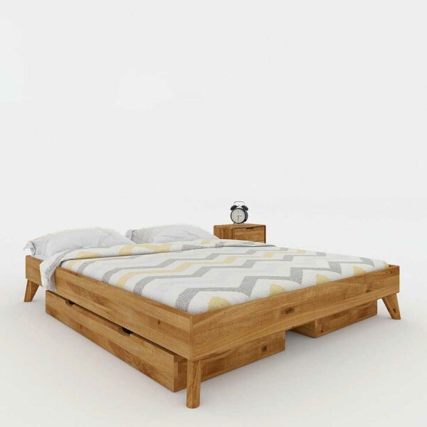 Basilicana Schubladen Bett aus Wildeiche Massivholz Kopfteil