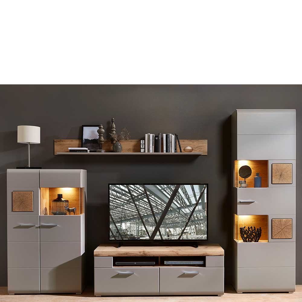 BestLivingHome Moderne Wohnwand in Grau und Eiche Optik LED Beleuchtung (vierteilig)