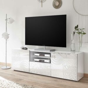 Homedreams TV Lowboard in Weiß Hochglanz Siebdruck verziert