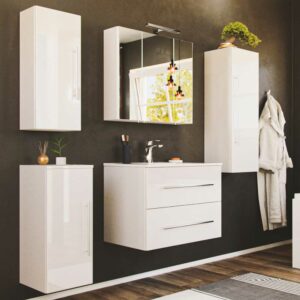 Möbel4Life Waschplatz Kombination in Weiß Hochglanz LED Beleuchtung (fünfteilig)