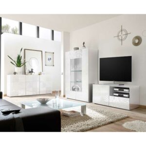 Homedreams TV Wohnwand in Weiß Hochglanz Siebdruck verziert (dreiteilig)