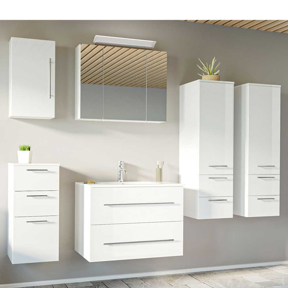 Möbel4Life Hochglanz Badezimmer Set in Weiß LED Beleuchtung (sechsteilig)