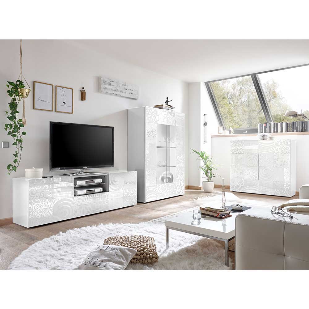 Homedreams Wohnzimmer Anbauwand in Hochglanz Weiß floralem Siebdruck verziert (dreiteilig)