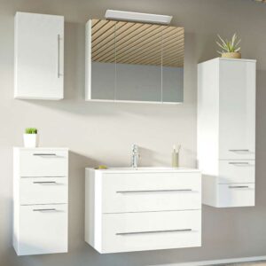 Möbel4Life Hochglanz Badezimmer Einrichtung in Weiß LED Beleuchtung (fünfteilig)