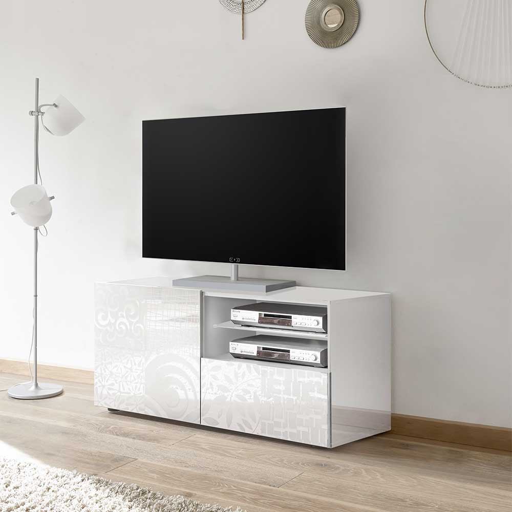 Homedreams TV Board in Weiß Hochglanz Siebdruck verziert