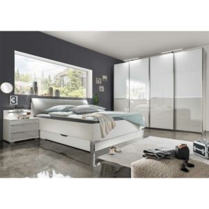 Franco Möbel Schlafzimmerkomplettset in Weiß und Hellgrau LED Beleuchtung (vierteilig)