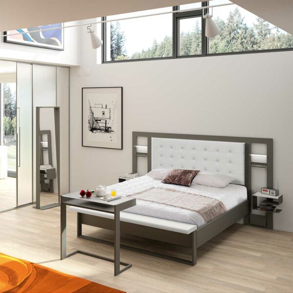 Violata Furniture Metallbett mit Leselampe und Polsterkopfteil Grau Weiß
