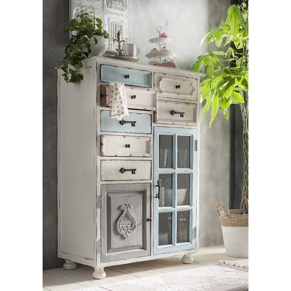Life Meubles Shabby Chic Kommode aus Recyclingholz Mehrfarbig