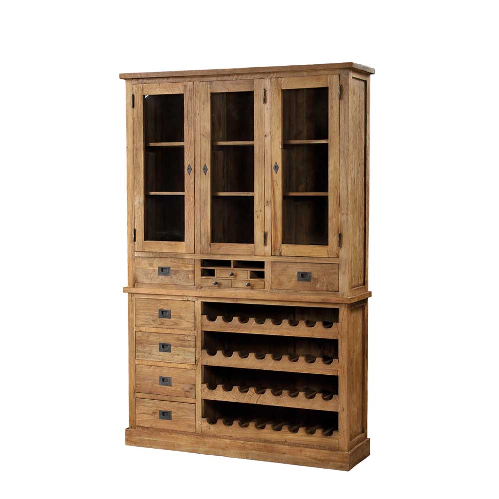 Wooding Nature Massivholz Vitrinenschrank aus Teak Weinregal