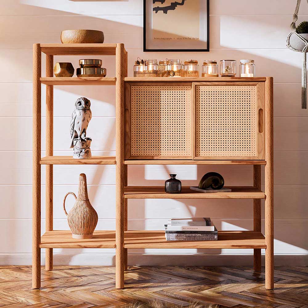 Basilicana Regal Massiv Wildbuche mit Rattan Schiebetüren 123 cm hoch