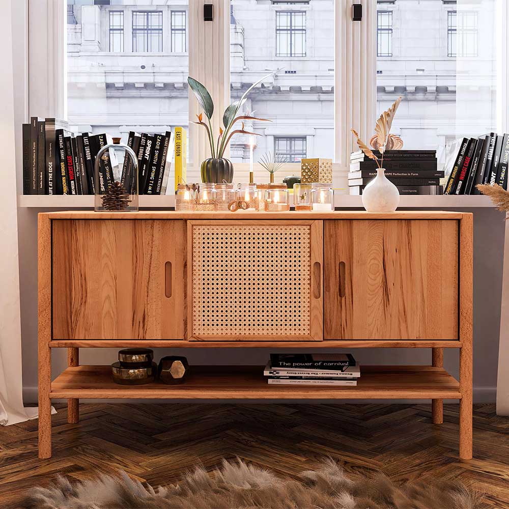 Basilicana Sideboard Holz massiv mit Rattan Geflecht Schiebetüren