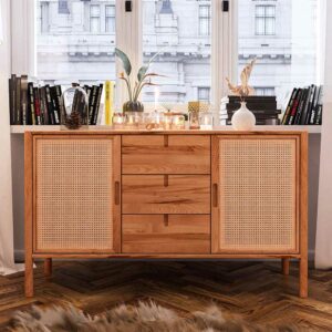 Basilicana Sideboard mit Rattan Türen aus Wildbuche Massivholz 142 cm breit